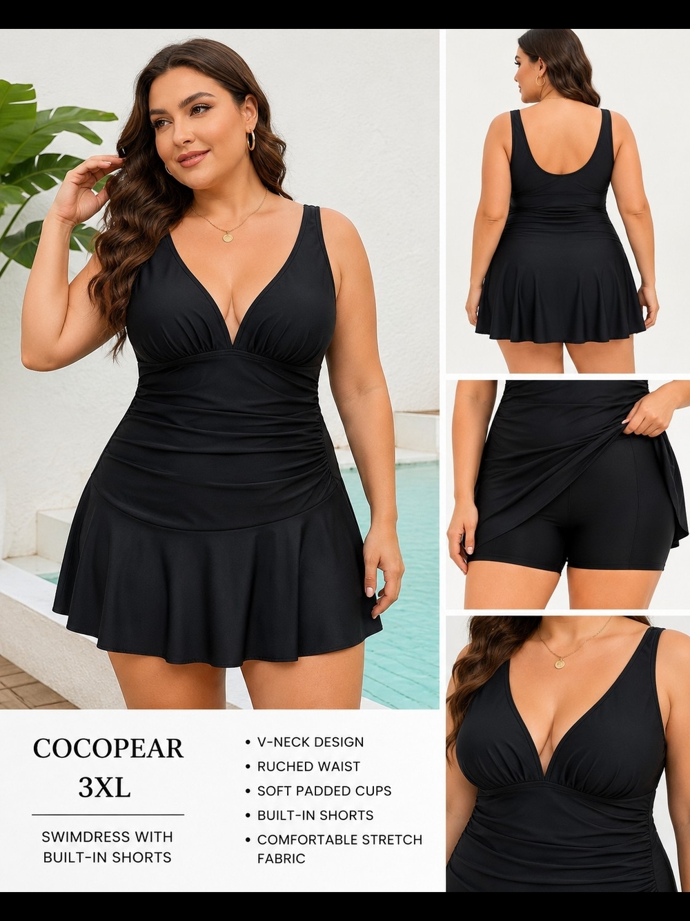 COCOPEAR Black Swimdress One Piece Swimsuit with Built-In Shorts 3XL